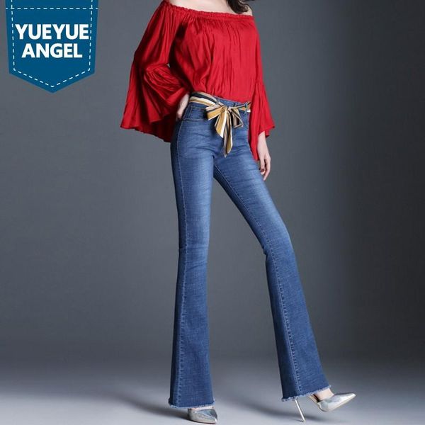 

women's jeans spring women tassel flare fashion high waist stretch slim denim trousers embroidery flower vintage office, Blue