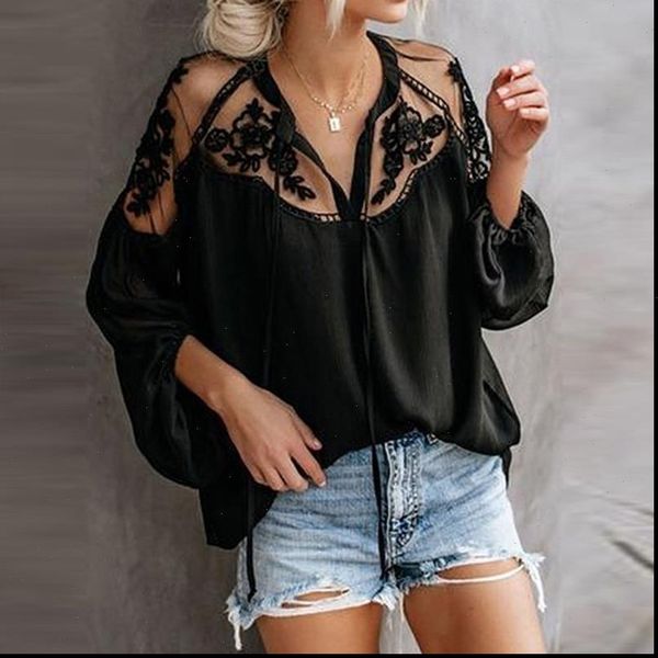 

women womens shirts lace flower blouse vintage shirt v neck long sleeve hollow out female tunic casual plus size mujer, White