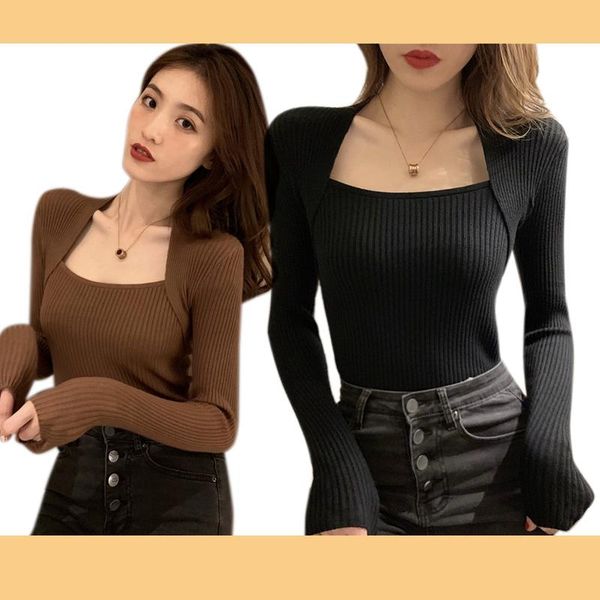

women's t-shirt 2 pcs bottoming shirt exposed clavicle fake 2-piece square neck slim , coffee color & black, White