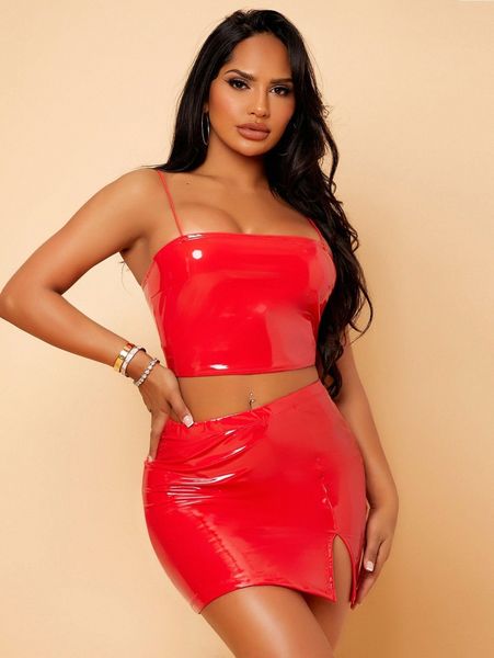 

sxy solid pu leather cami & slit hem skirt set 671s#, White