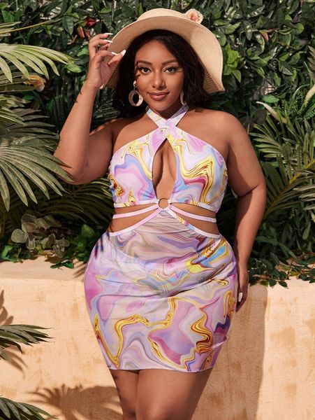 

plus marble print ring linked halter high waisted bikini swimsuit p19o#, Black