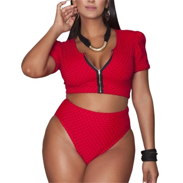 XL- Plus Size Bikini Set Pad Cerniera Frontale Costume da bagno Grande Costumi da bagno Vita alta Monokini Donna Manica corta Costume da bagno 210319