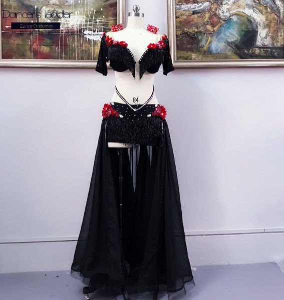

belly dance suit diamond flower blouse tassel skirt children high-end large size costume performance custom stage wear, Black;red