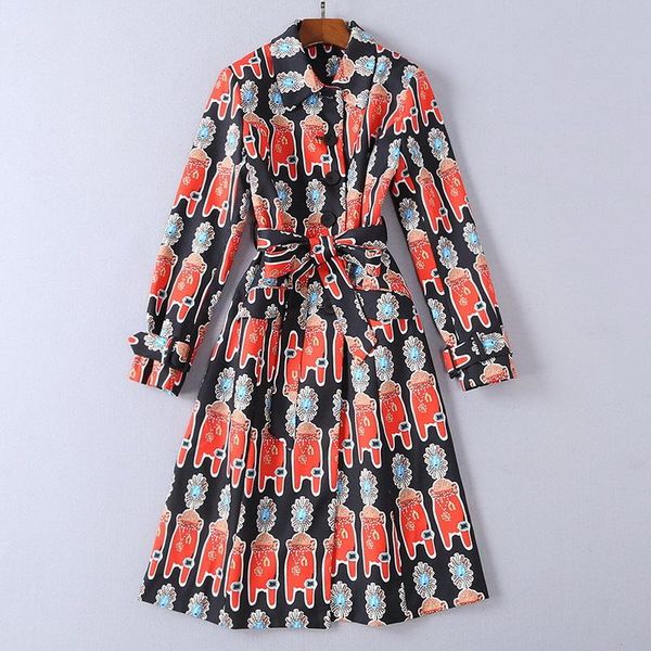 

women's trench coats european and american 2021 winter clothing lapel long sleeve fashion printing lace-up coat, Tan;black