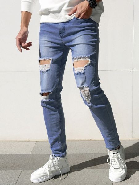 

men ripped slant pockets tapered jeans d3sl#, Blue