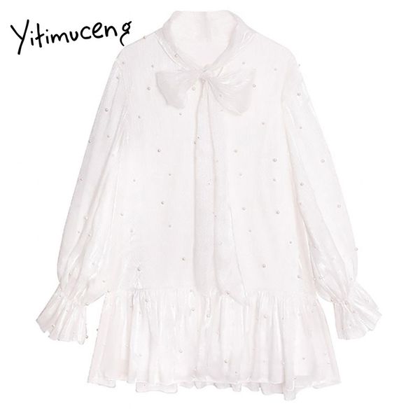 Yitimuceng Bow Dress Women A-Line Mini White Solid Spring Flare manica lunga vita alta dolce pizzo coreano Office Lady 210601