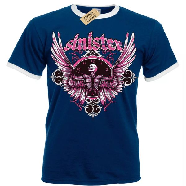 

siniestro camiseta calavera alas gÃ³tico hombre ringer, White;black