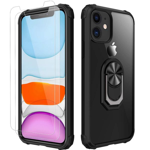 

clear crystal with car mount kickstand for iphone 12 11 promax xs max 12mini xr se 2020 8 case with tempered glass screen protector [2 pack]