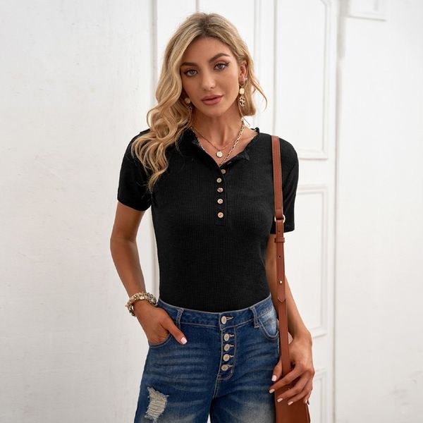 

summer t shirt shiying short sleeve women's single breasted v-ne 2515015, White