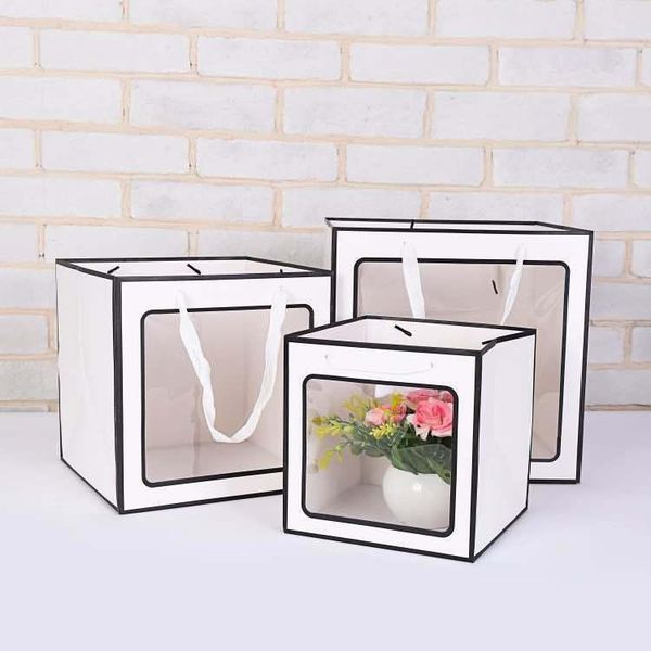 

gift wrap 12pcs flower packaging boxes suqare pvc open window bags with handles kraft paper bag wedding party supplies