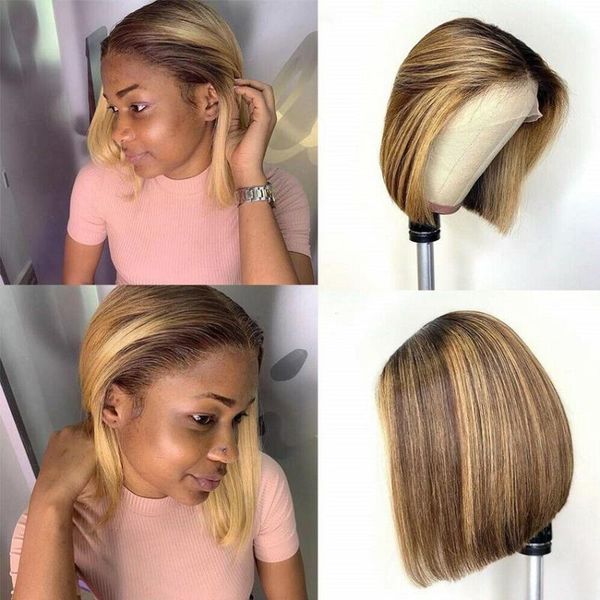 

highlight wig 13x1 hd transparent lace front straight ombre bob brown honey blonde short wigs1, Black;brown