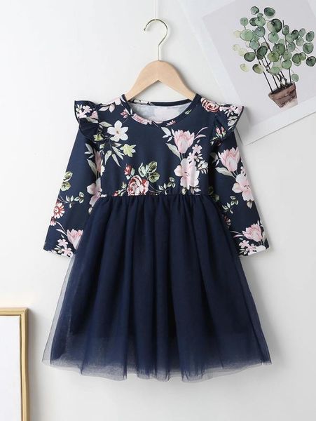 

toddler girls floral print ruffle trim mesh hem dress she01, Red;yellow