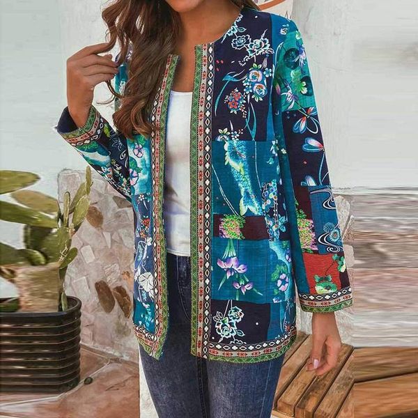 

autumn ladies jackets retro printing stitching long-sleeved coats o-neck cotton linen printed cardigan women 5xl women's, Black;brown