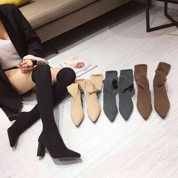 

boots bota sob o joelho da moda feminina, preto, cinza, bege, marrom, costura, bico fino, elÃ¡stico, salto alto grosso, meia l9v7, Black