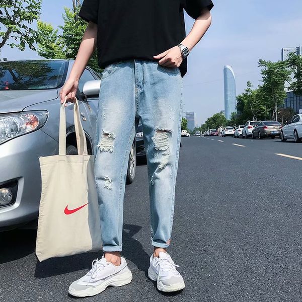 

Fashion Summer Men's Torn and Scraped Jeans Loose Straight Personality Street Beggars' Cropped Pants, A003 cropped jeans