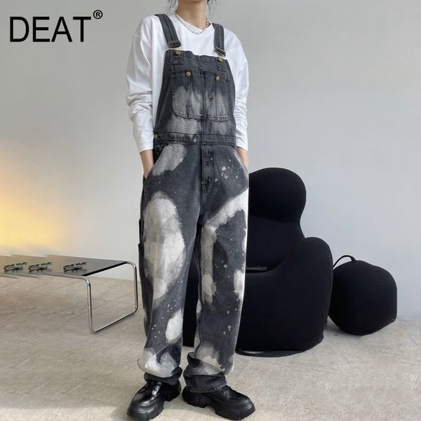 

[deat] color contrast splash ink full length denim casual overalls streetear for women mall goth y2k clothes spring gx344 210428, Blue