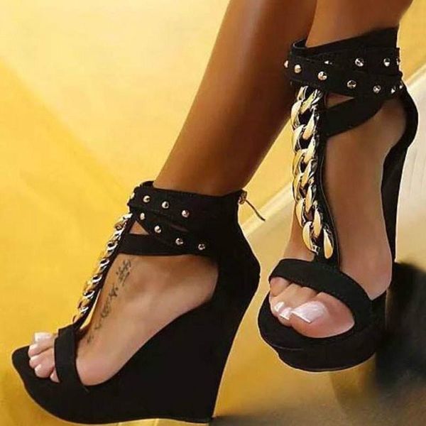 

gladiator women sandals high heels fashion chain platform wedges shoes for, Black