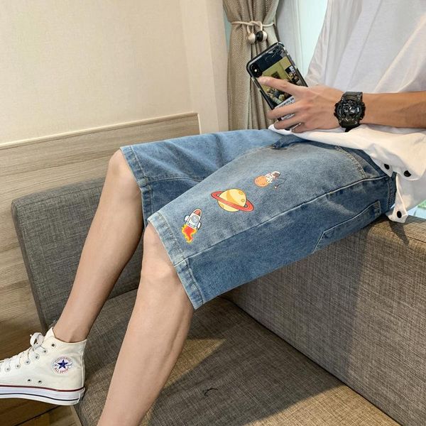 

men's jeans and women's 2021 capris summer fashion cool star moon loose print denim shorts thin wash pants mens clothing, Blue