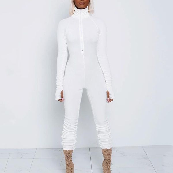

women's jumpsuits & rompers long sleeve ribbed women jumpsuit front zip one peice outfits ruched stacked leggings pant bodycon overalls, Black;white