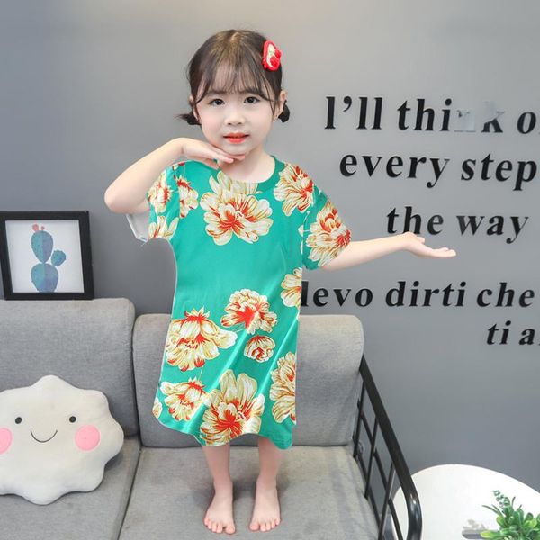 

girl's dresses korean version floral round neck short-sleeved summer fashion cartoon girl casual skirt pajamas dress loose clothing, Red;yellow