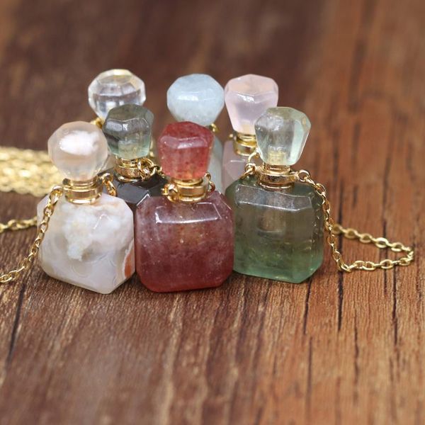 

chains natural stone perfume bottle necklace sakure agates/strawberry crystal pendant charms for elegant women love romantic gift 60 cm, Silver