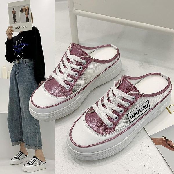

slippers women half shoes sneakers summer mesh high heels casual woman mules fashion pink shoe, Black