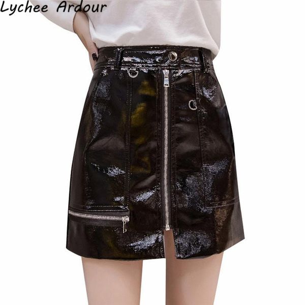 

skirts lychee ardour pu zip skirt synthetic leather solid color mini straight spring summer club female slim, Black