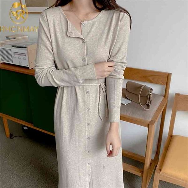 

autumn and winter versatile medium length style wool dress women's cardigan dress slim frenulum jersey 210520, Black;gray