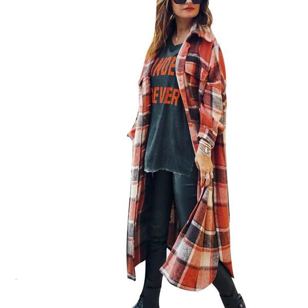 

women's jackets 2021 style female overcoat autumn long shirts plaid turn-down collar sleeve woolen coat for women, Black;brown