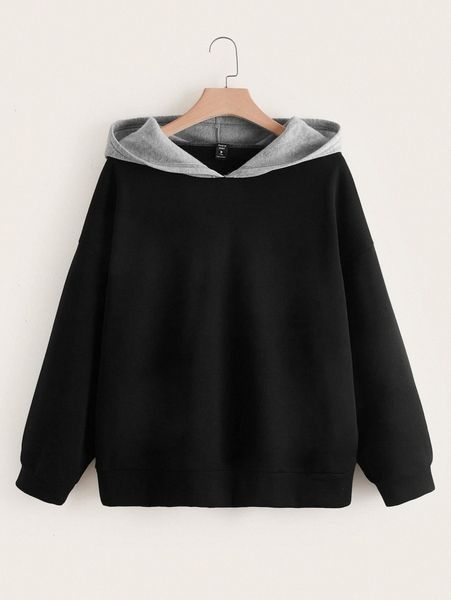 

plus colorblock drop shoulder thermal hoodie 446t#, Black