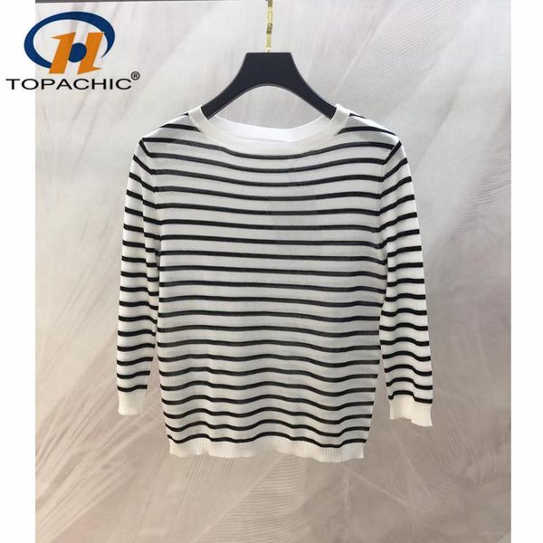 

6.5 designer custom runway women spring knitting pullovers ladies 3/4 sleeve striped knit fashion high street sweater women's sweaters, White;black