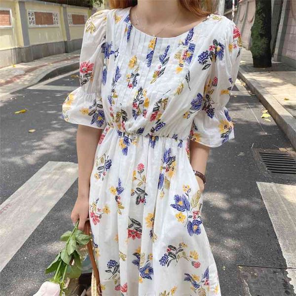 

women's knits & tees women summer dresses floral printed vintage high waist pocket fold elegant korean wild lady long dress a3uj, White
