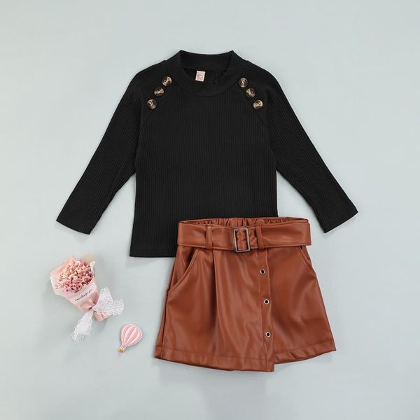 

clothing sets fashion kid girl\u2021s autumn spring outfits two piece suit ribbed long sleeve leather shorts with belt clothes, White