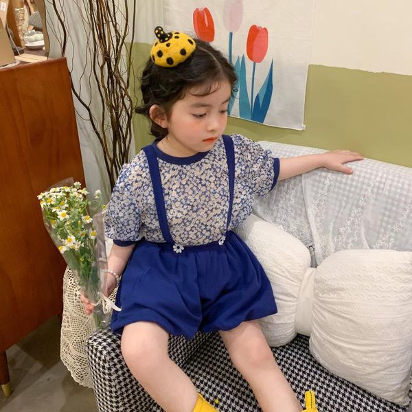 

summer girls pastoral wind broken flower shirt strappy pants set kids casual girl two-piece short sleeve with shorts clothing sets, White