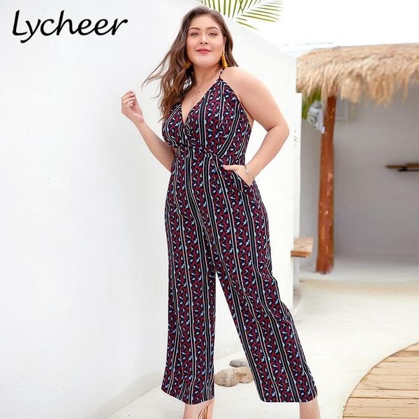 

women's jumpsuits & rompers lycheer plus size bohemian summer women jumpsuit romper big leopard print high waist backless overalls 2021, Black;white
