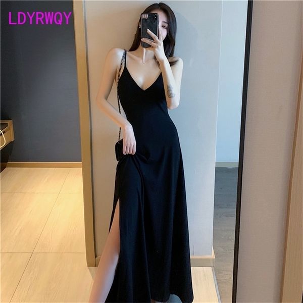 

[ldyrwqy] women's spring / summer retro long v-neck sling bottoming dress women knee-length sleeveless 210416, Black;gray