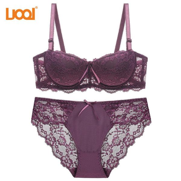 

bras sets lingerie set b c cup women bra half lace hollow bralette brief soild 6 color push up underwear panty, Red;black