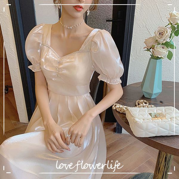 

short sleeve elegant dress women square collar chiffon vintage dress evening party dress females korean style summer fairy 210521, Black;gray