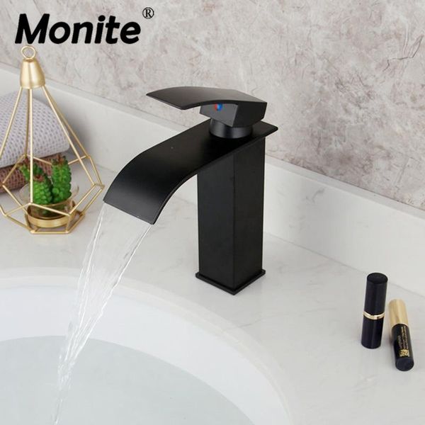 

bathroom sink faucets monite waterfall faucet black painting basin mixer solid brass deck mounted tap simple design