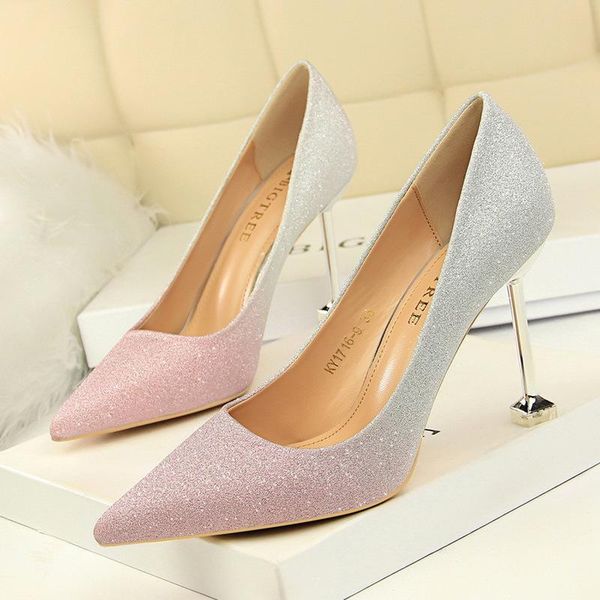 

dress shoes bigtree women pumps basic office lady pointed toe flock color matching 9.5cm thin high heels party fashion, Black
