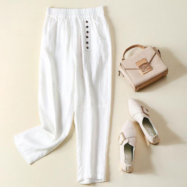 

women's pants & capris 75029 linen breasted casual women sweet fresh girl chic sport thin high waist solid color tapered cropped harem, Black;white