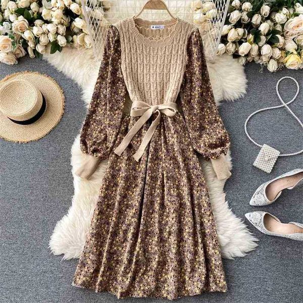 

women floral print dress spring autumn long sleeve patchwork knit midi es ladies elegant slim a line bandage 210525, Black;gray