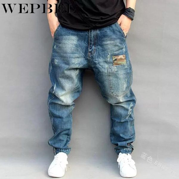 

wepbel men's casual mid-waist stitching jeans spring and autumn fashion loose camouflage pocket denim cross-pants, Blue
