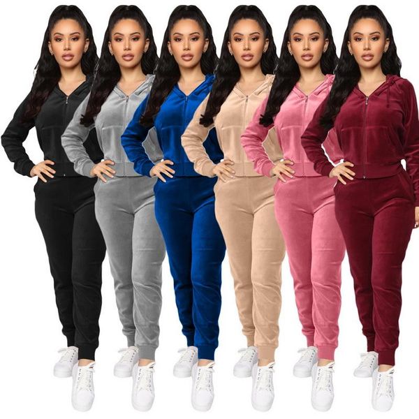 

women velvet tracksuits hooded sweatshirt pants running sport track suit 2 pieces jogging sets female clothing, Gray