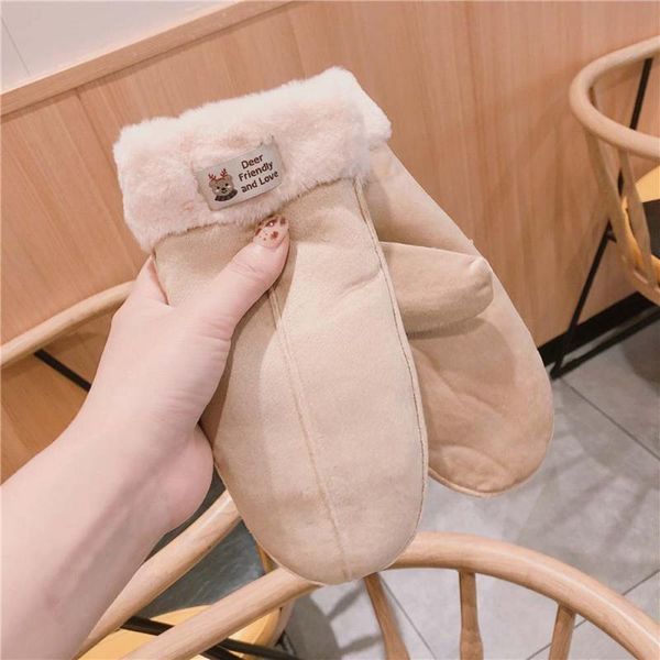

five fingers gloves hanging neck suede korean women female winter warm thicken cotton plush riding cartoon lanyard, Blue;gray