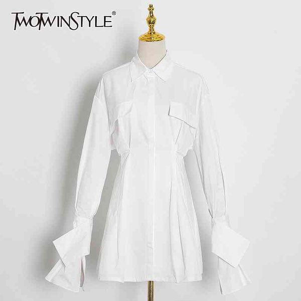

twotwinstyle black shirt mini dress for women lapel flare long sleeve high waist minimalist dresses female fashion new 210428, Black;gray