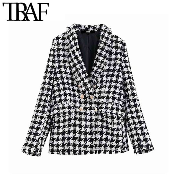 

traf women vintage houndstooth double breasted blazer coat fashion long sleeve frayed trims outerwear chic plaid jacket 210415, Black;brown