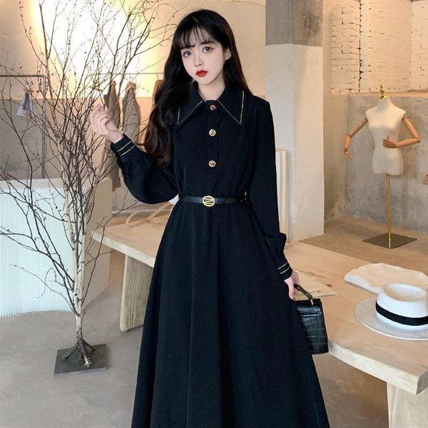 

casual dresses 2021 large women's autumn skirt french retro court dress with thin waist and small black, Black;gray