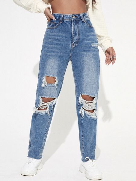 

high waist light wash ripped jeans b4eh#, Blue