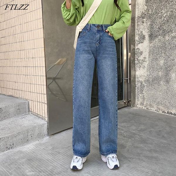 

women's jeans ftlzz streetwear women high waist retro blue straight loose long denim pants summer female wide leg ladies trousers